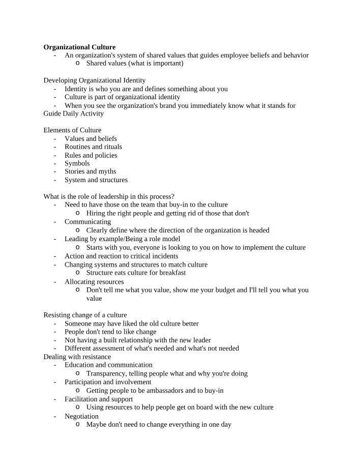 Organizational Culture Notes