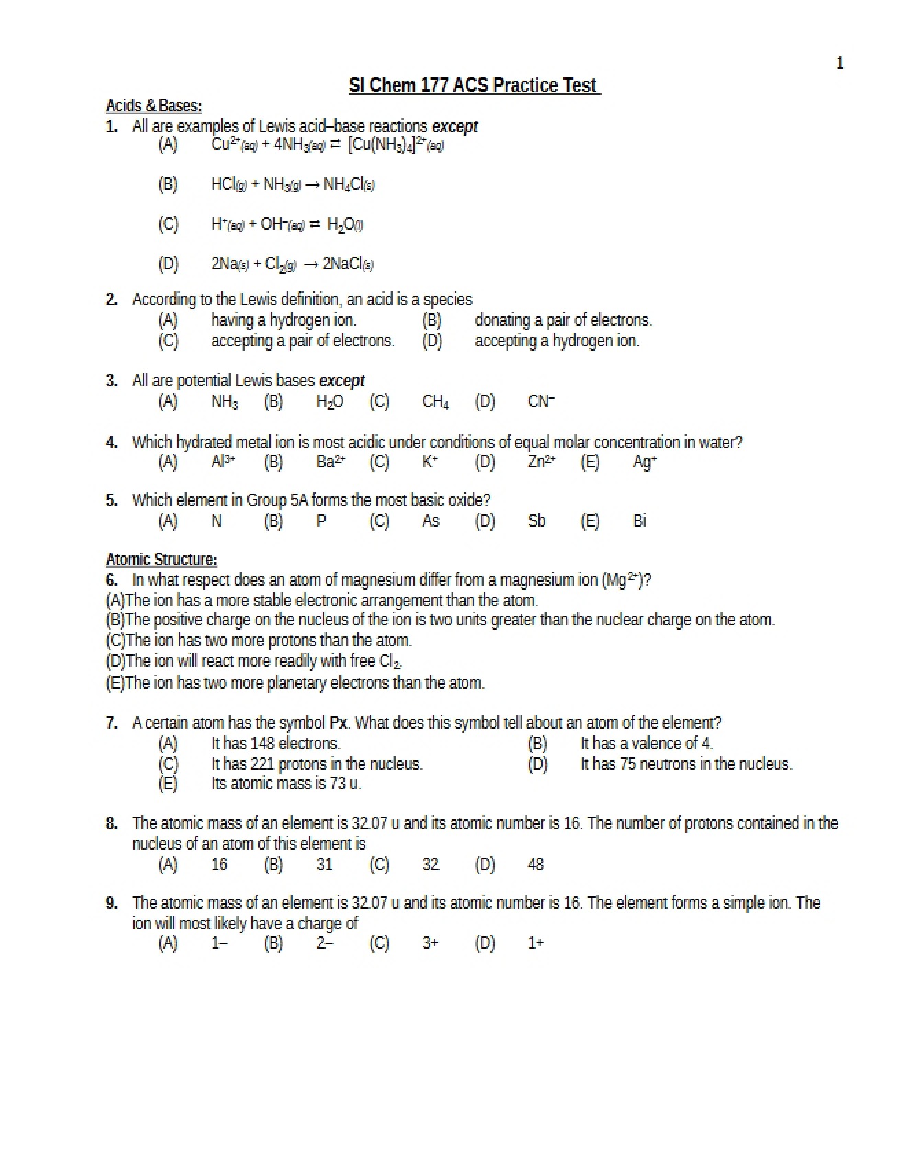 Practice Test for the General Chemistry I Course
