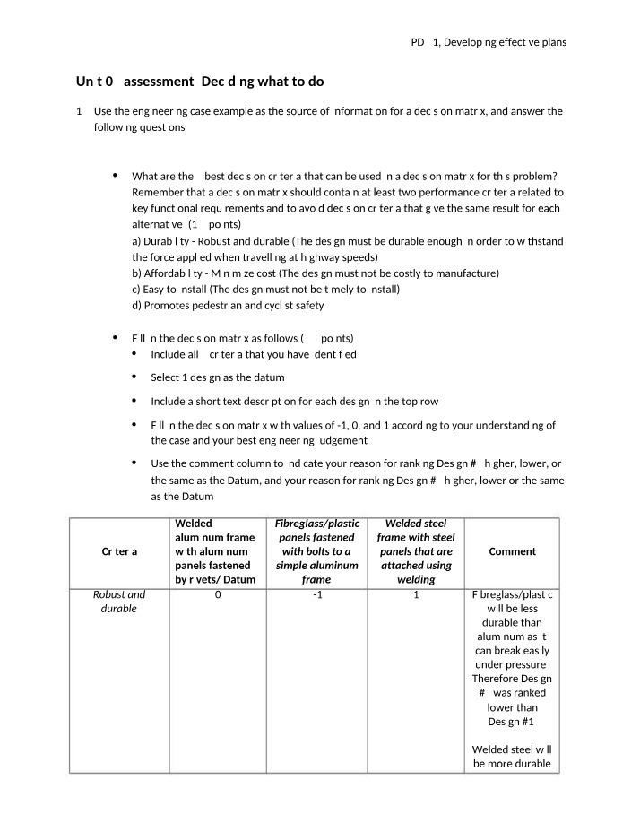 Developing Effective Plans - Design Options Decision Matrix