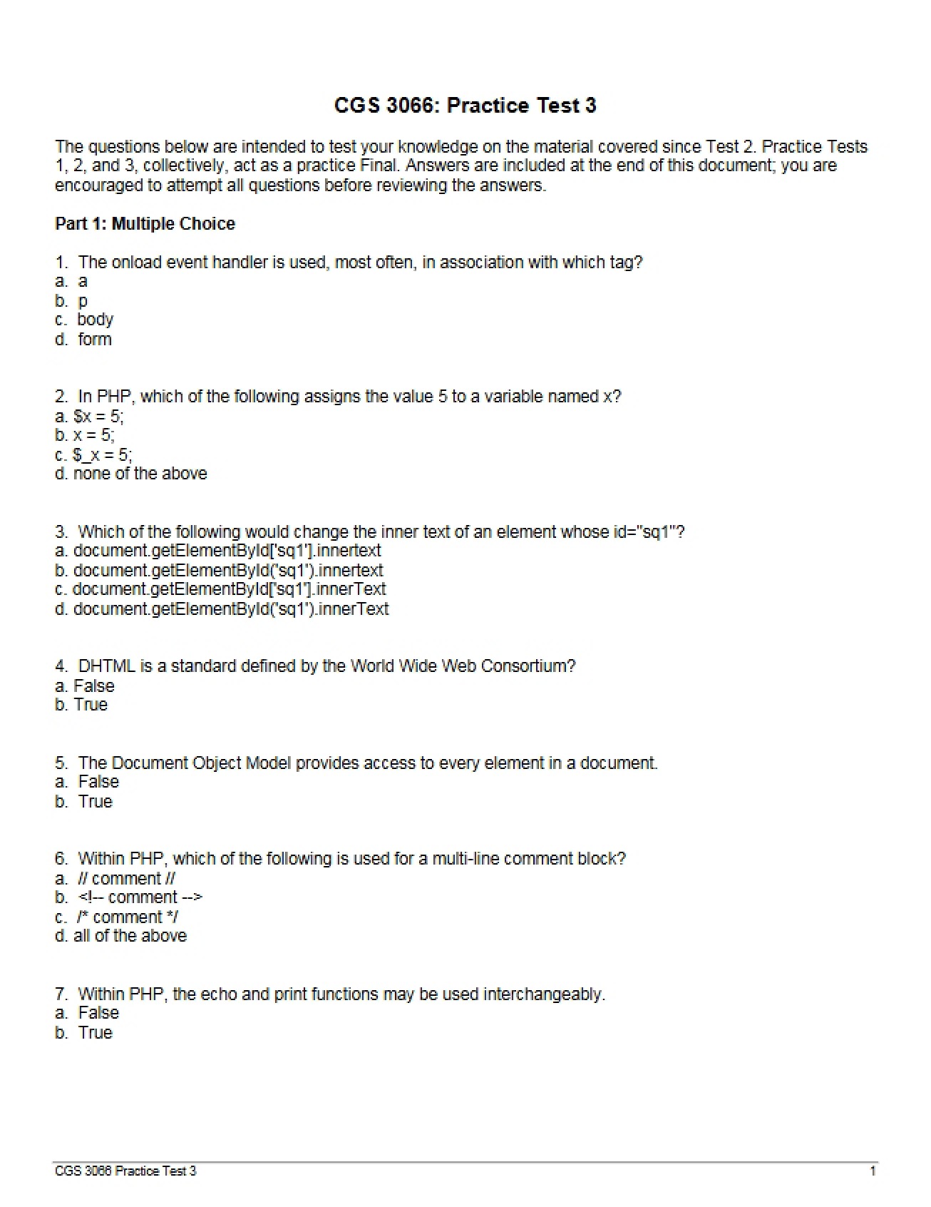 Practice for Test Three Web Programming