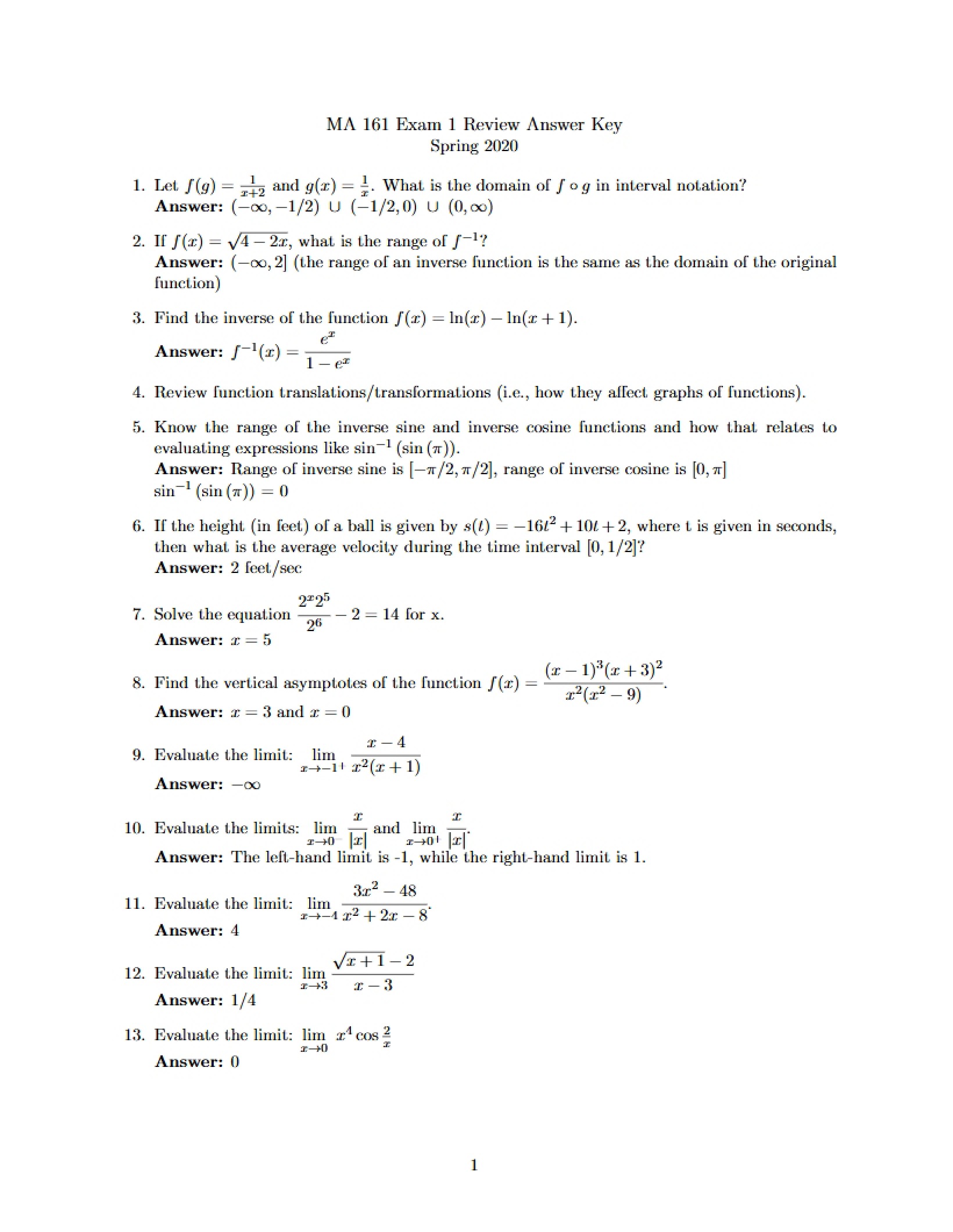 Review for Exam 1