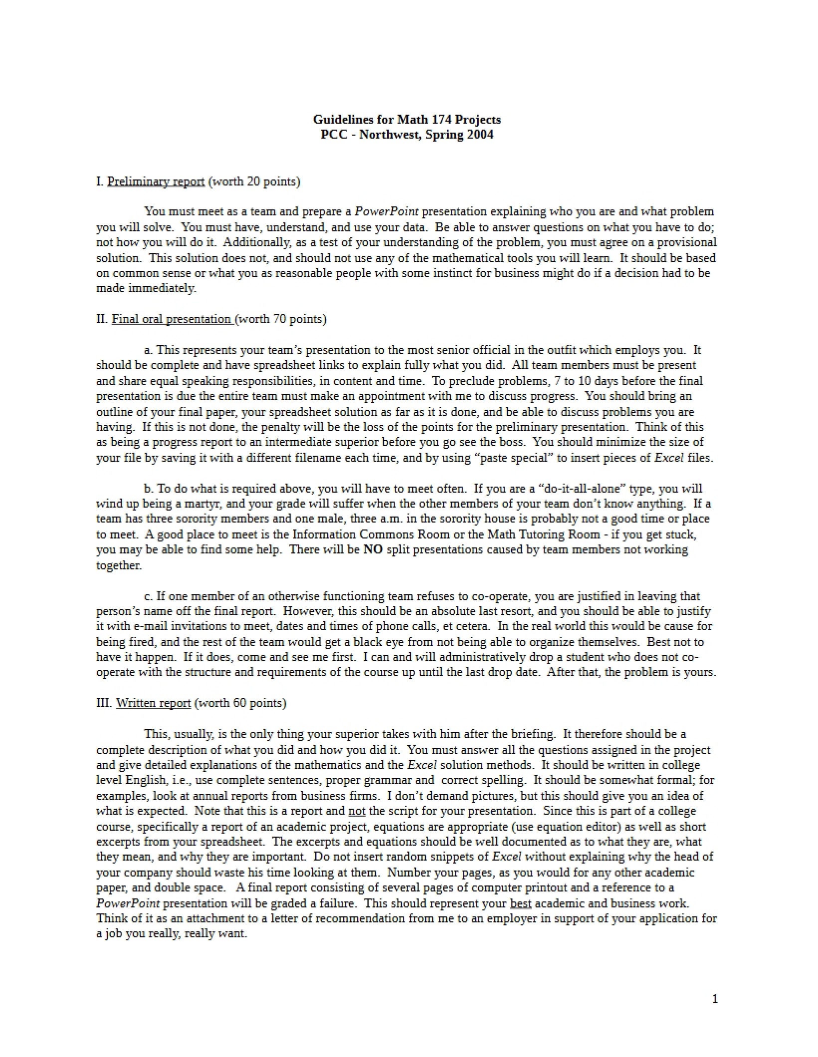 Project Guidelines for Math 174