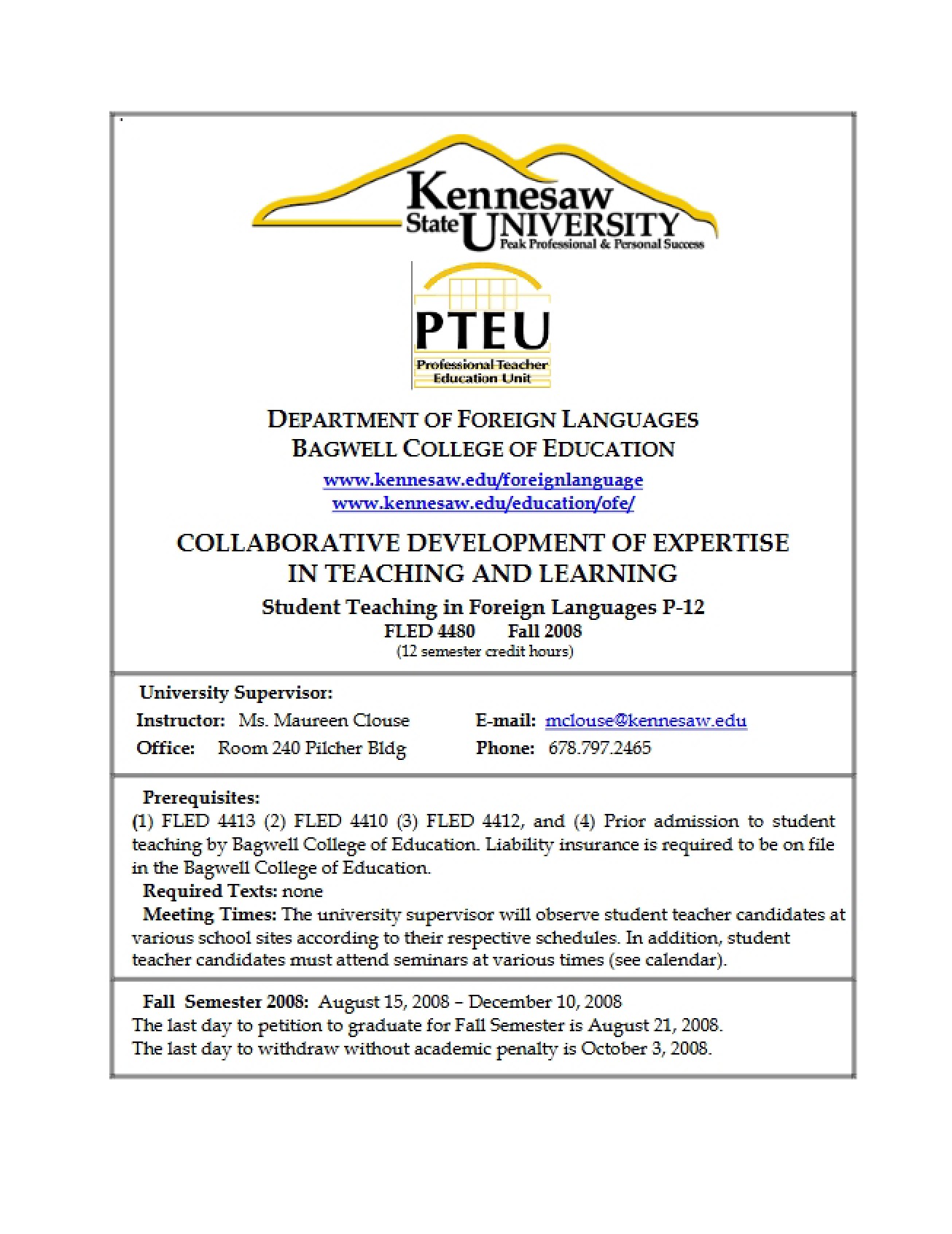 Course Plan for Student Teaching in FL