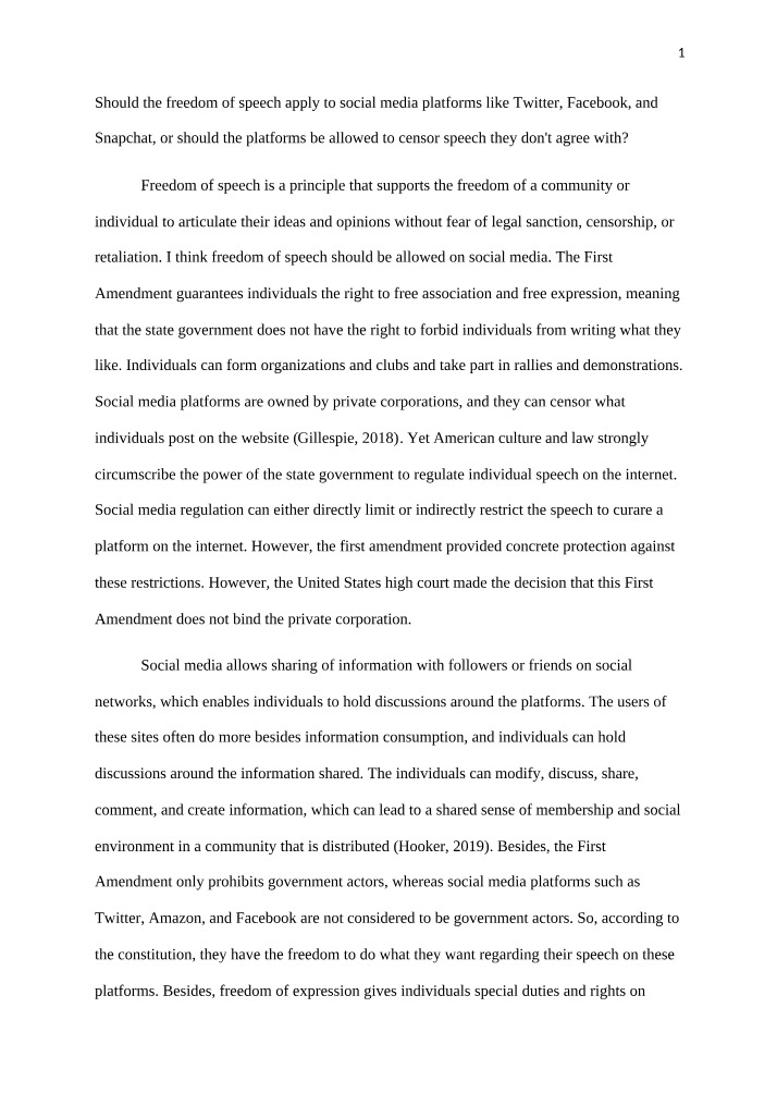 Freedom of Speech on Social Media Platforms