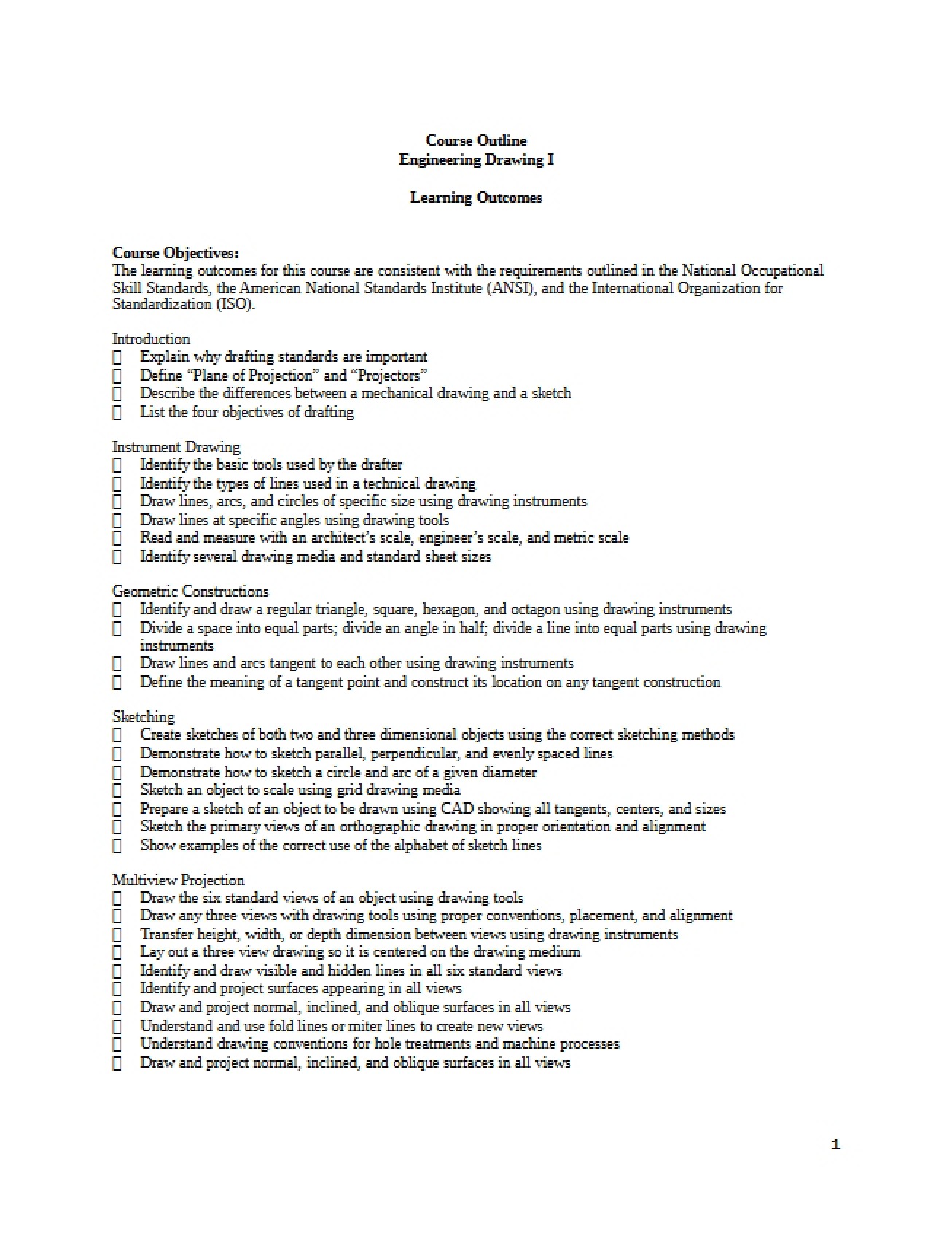 Engineering Drawing Course Outline