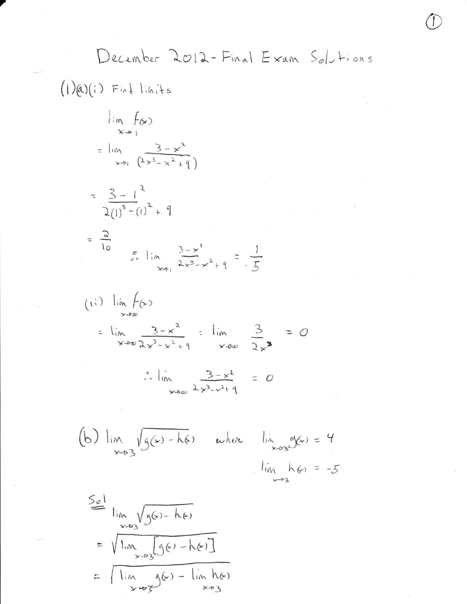 Final Exam Solutions, December 2012