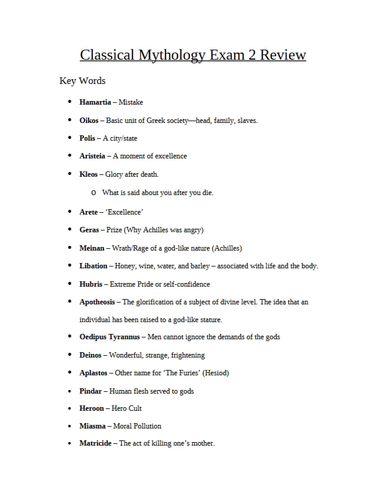 Second Exam Materials for Classical Mythology