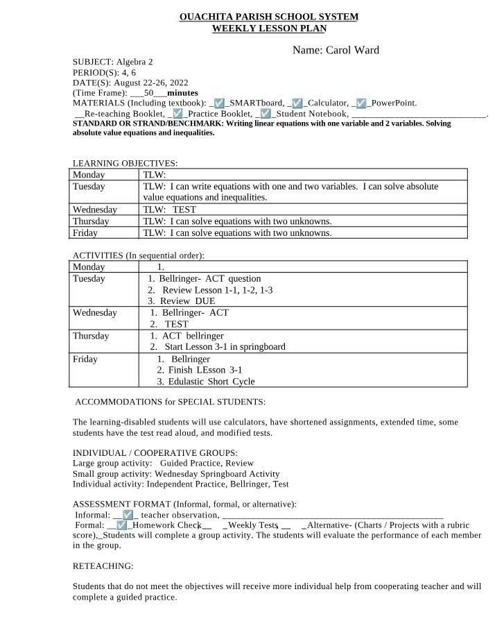 Weekly Lesson Plan for Algebra 2