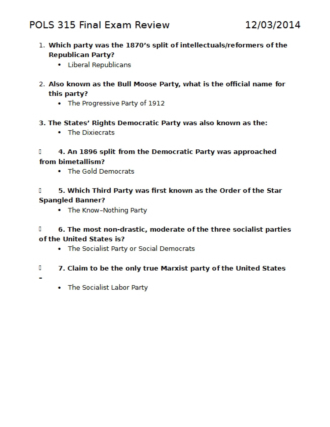 POLS 315 Final Exam Review
