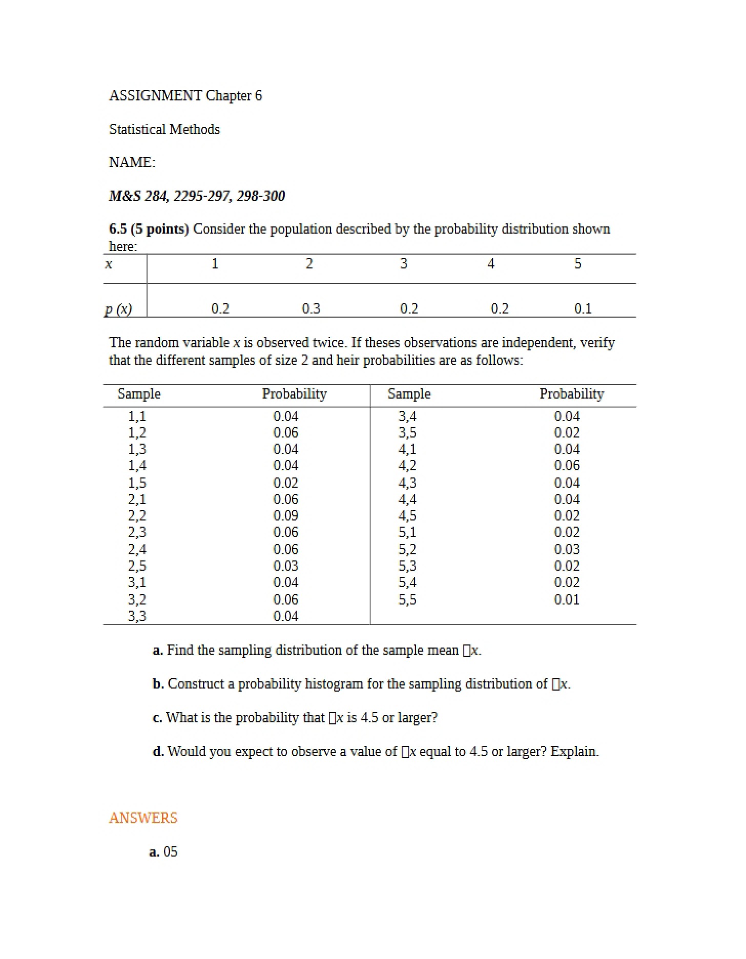 Chapter 6 Assignment (STAT 2601)