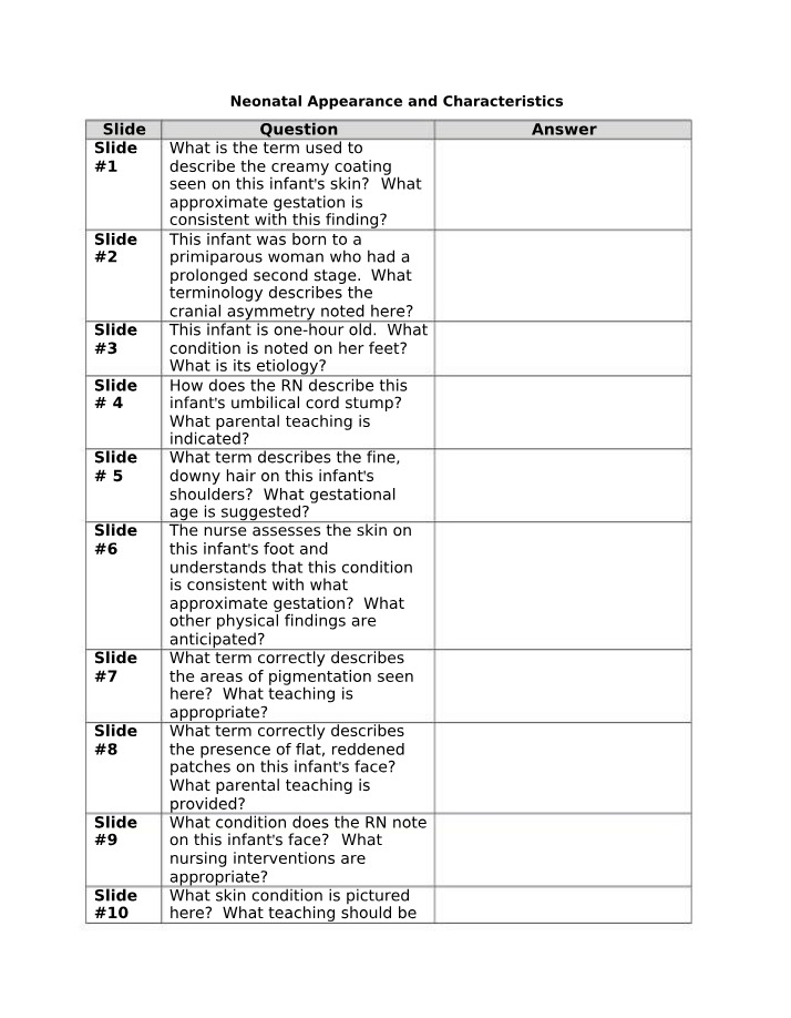 Worksheet on Neonatal Appearance and Characteristics