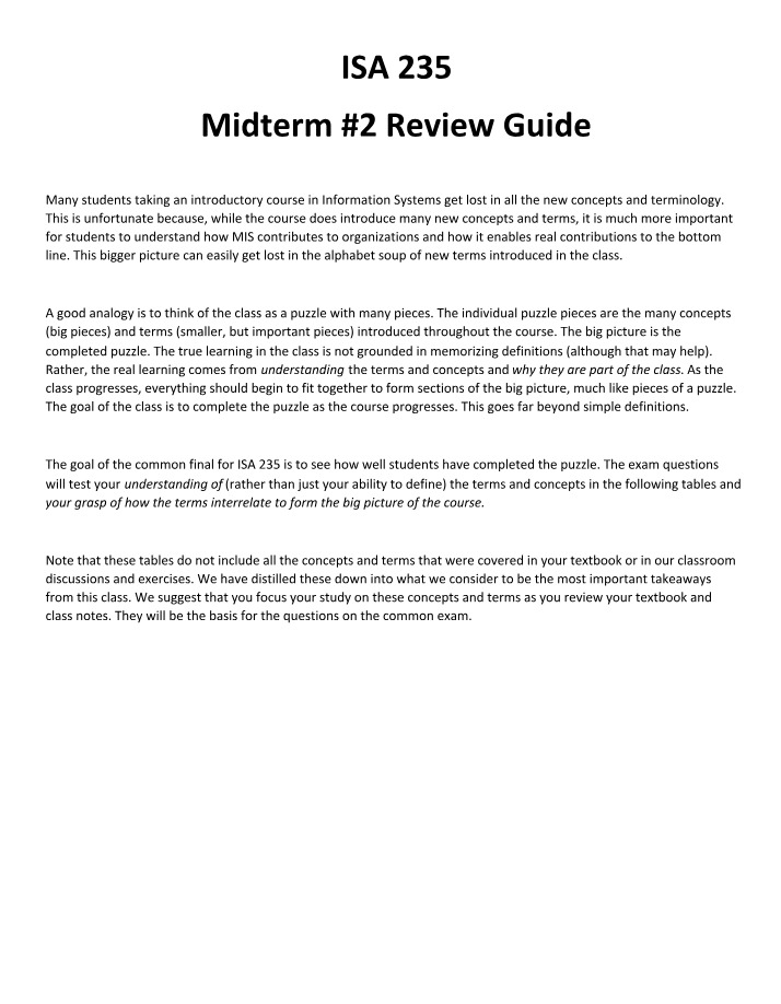 ISA 235 Midterm #2 Review - MIS Concepts