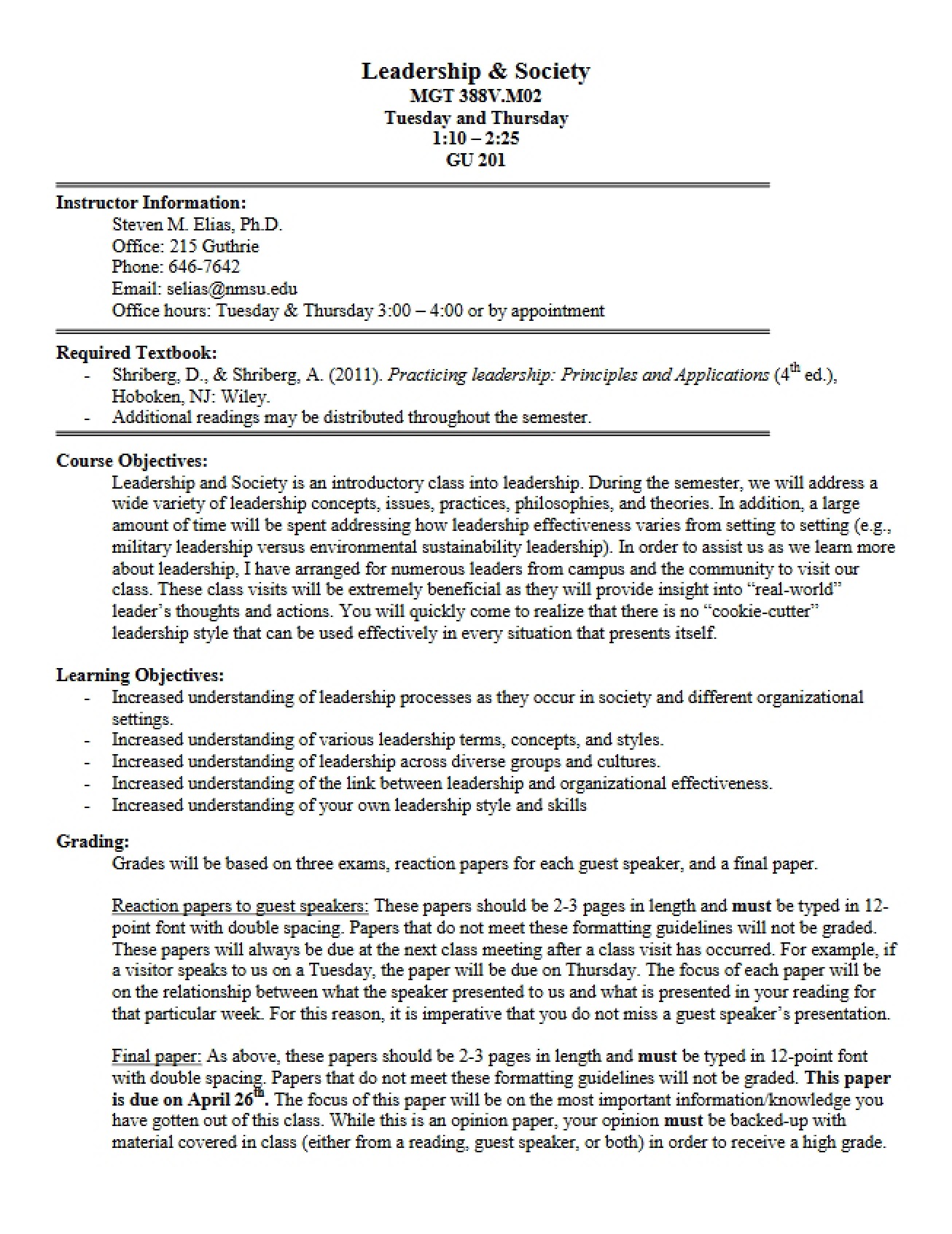 Leadership and Society Syllabus - Spring 2011 - Elias