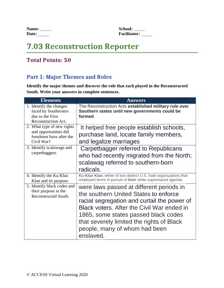 Major Themes and Roles of Reconstruction in the South