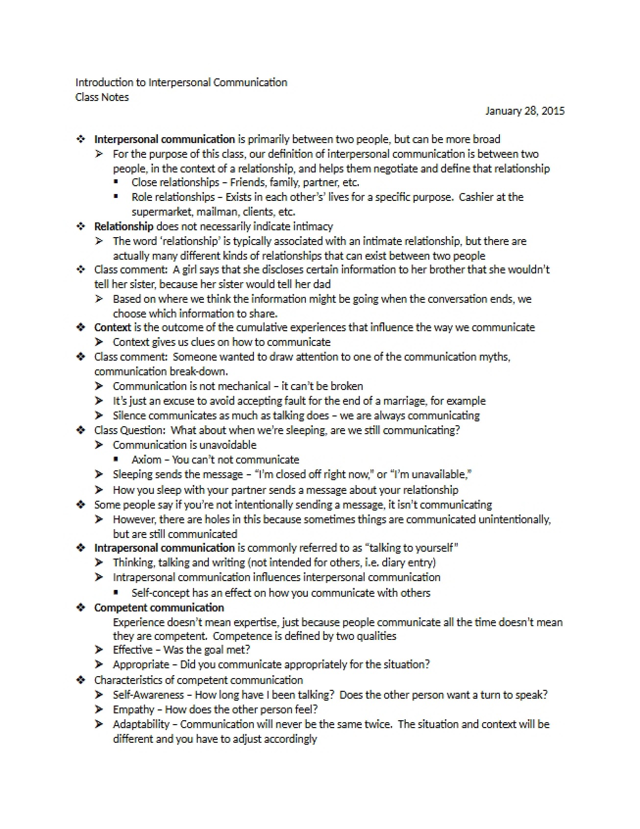 Class Notes January 28, 2015