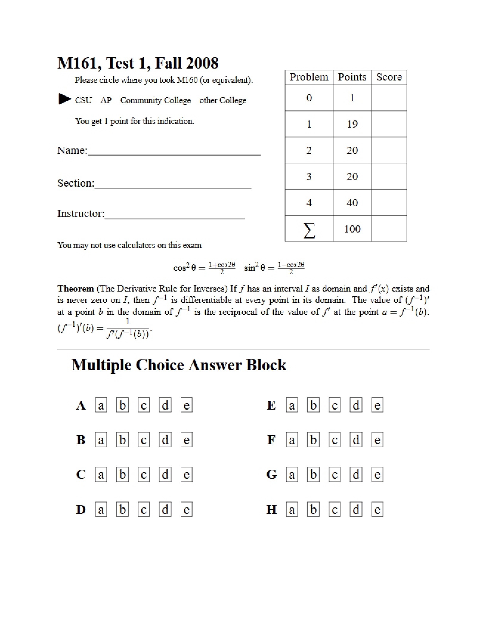 Test 1 Math 161