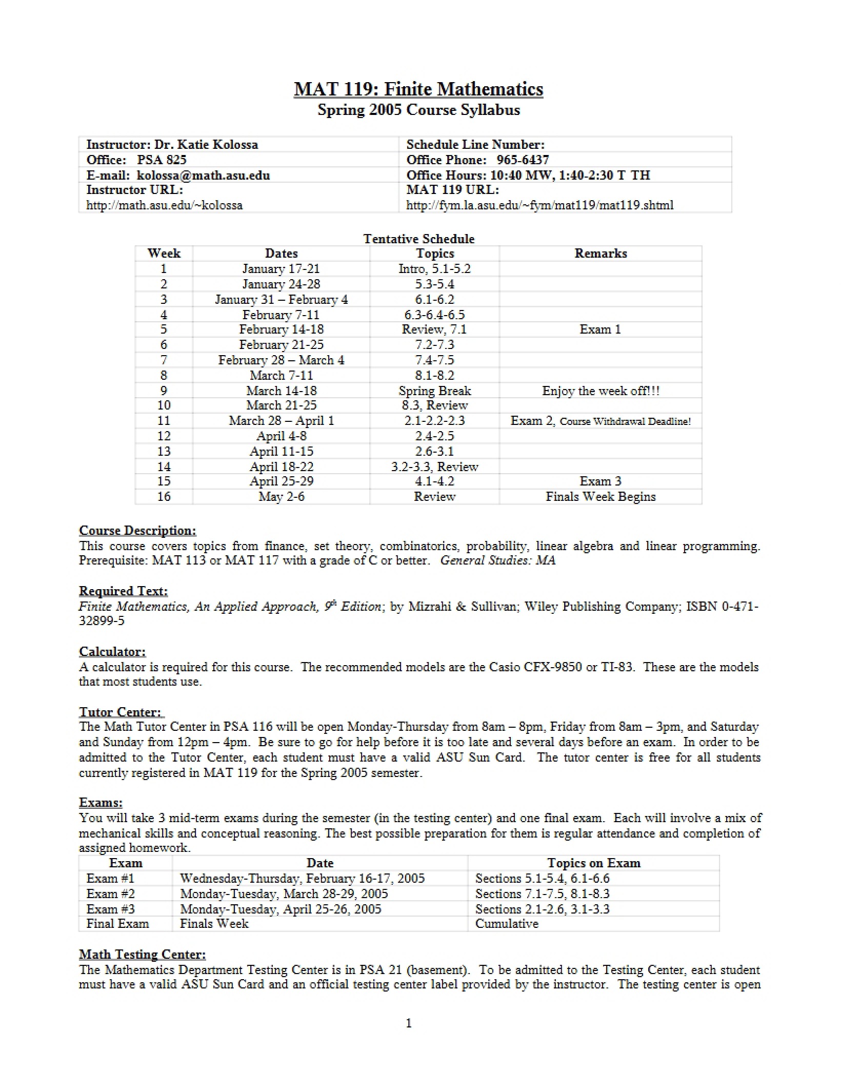 Finite Mathematics Syllabus