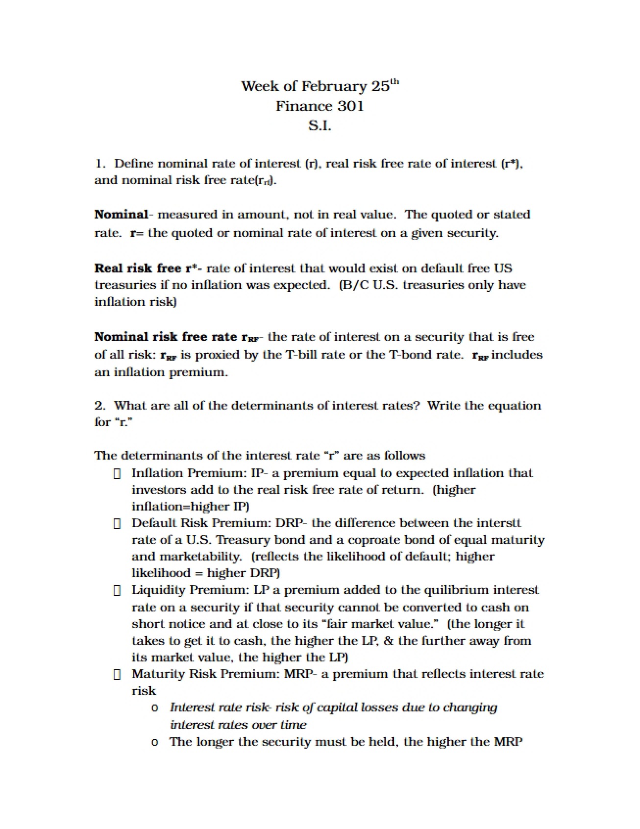Answer Sheet for Principles of Finance