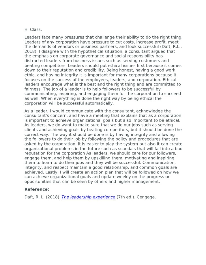 MGT 321 Week 3 Discussion Question 1 Response