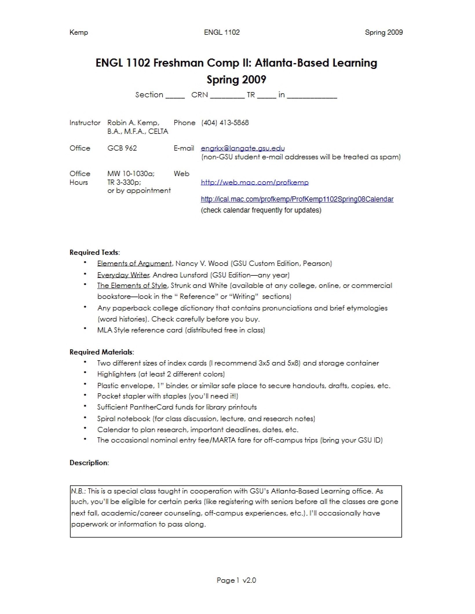 Syllabus for Spring 2009 - Version 2