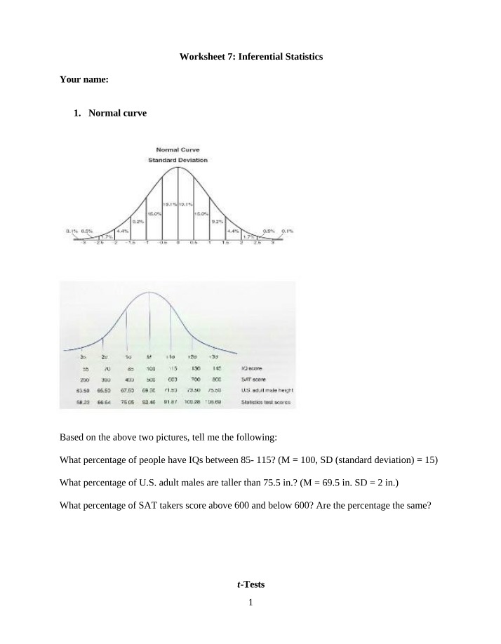 Worksheet on Inferential Statistics