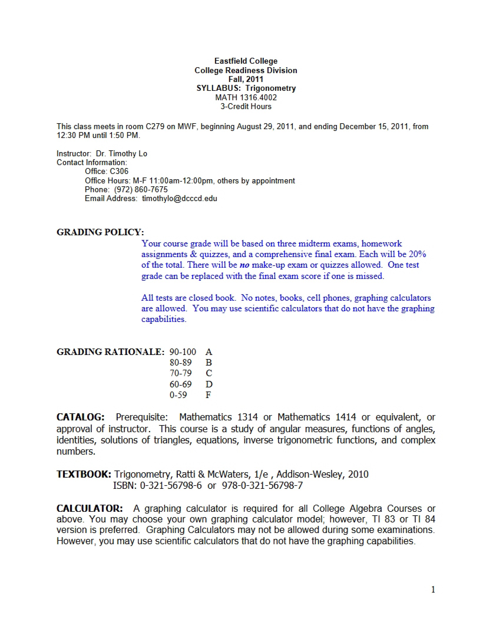 Syllabus for Plane Trigonometry - Plane Trigonometry