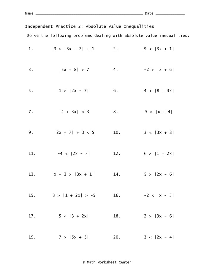 Independent Practice 2 - Absolute Value Inequalities