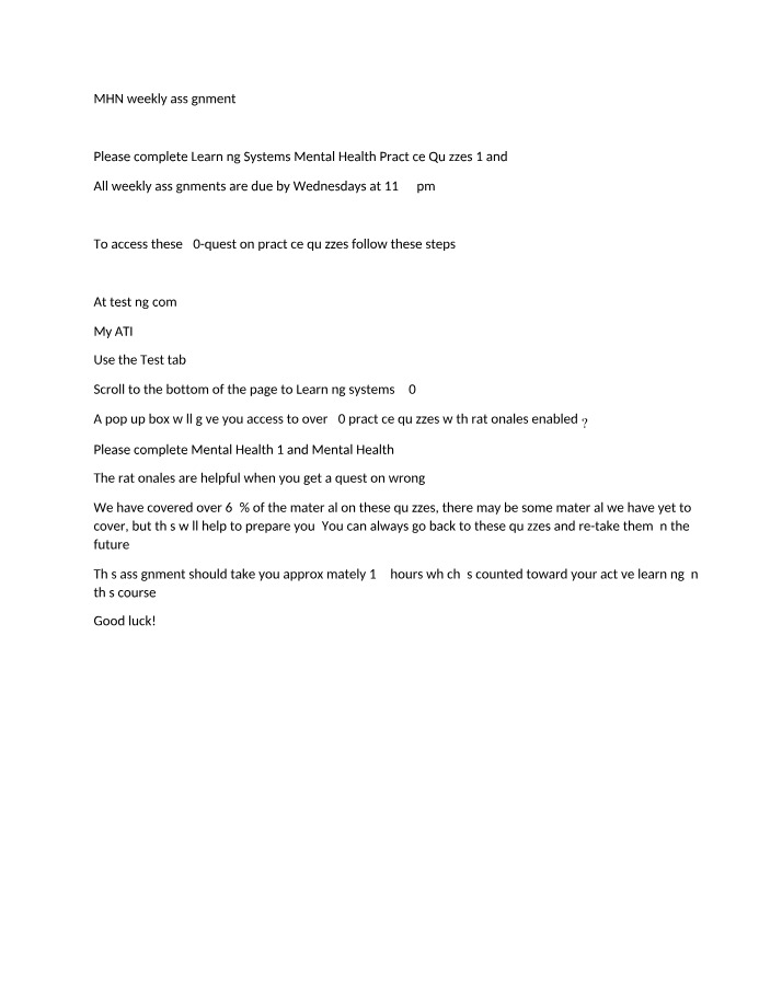 Weekly Assignment for MHN