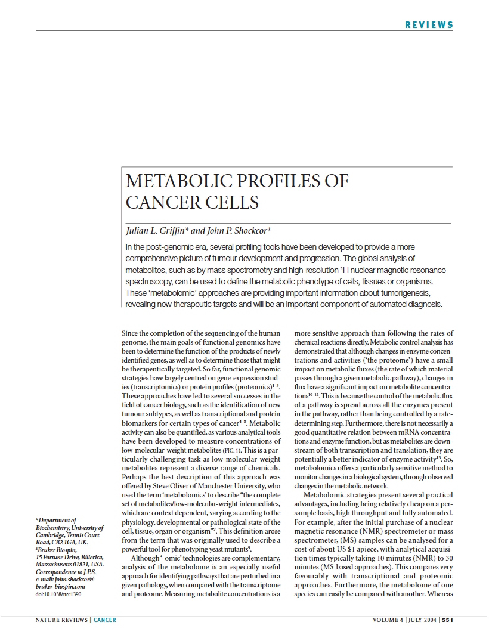 Cancer Cell Metabolic Profiles