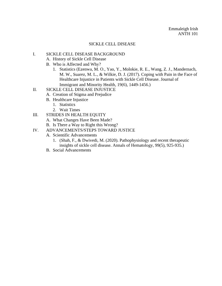 Sickle Cell Disease Research Paper Outline