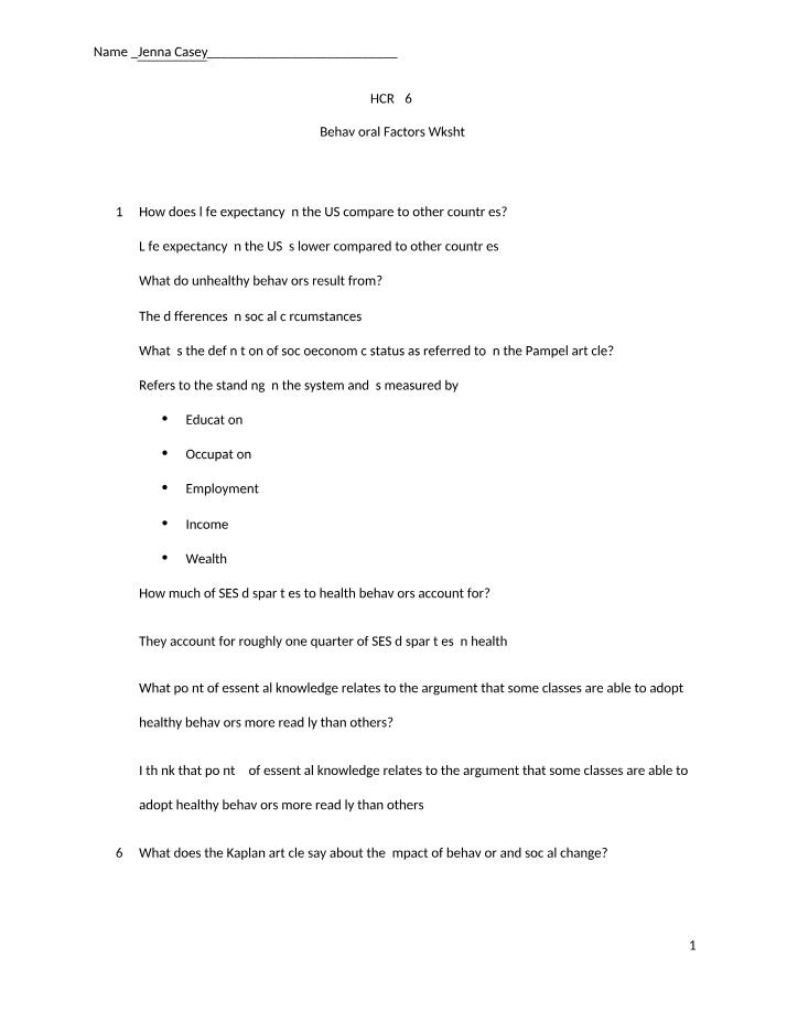 Worksheet on Behavioral Factors