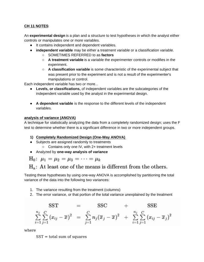 Analysis of Variance (ANOVA) and Experimental Design