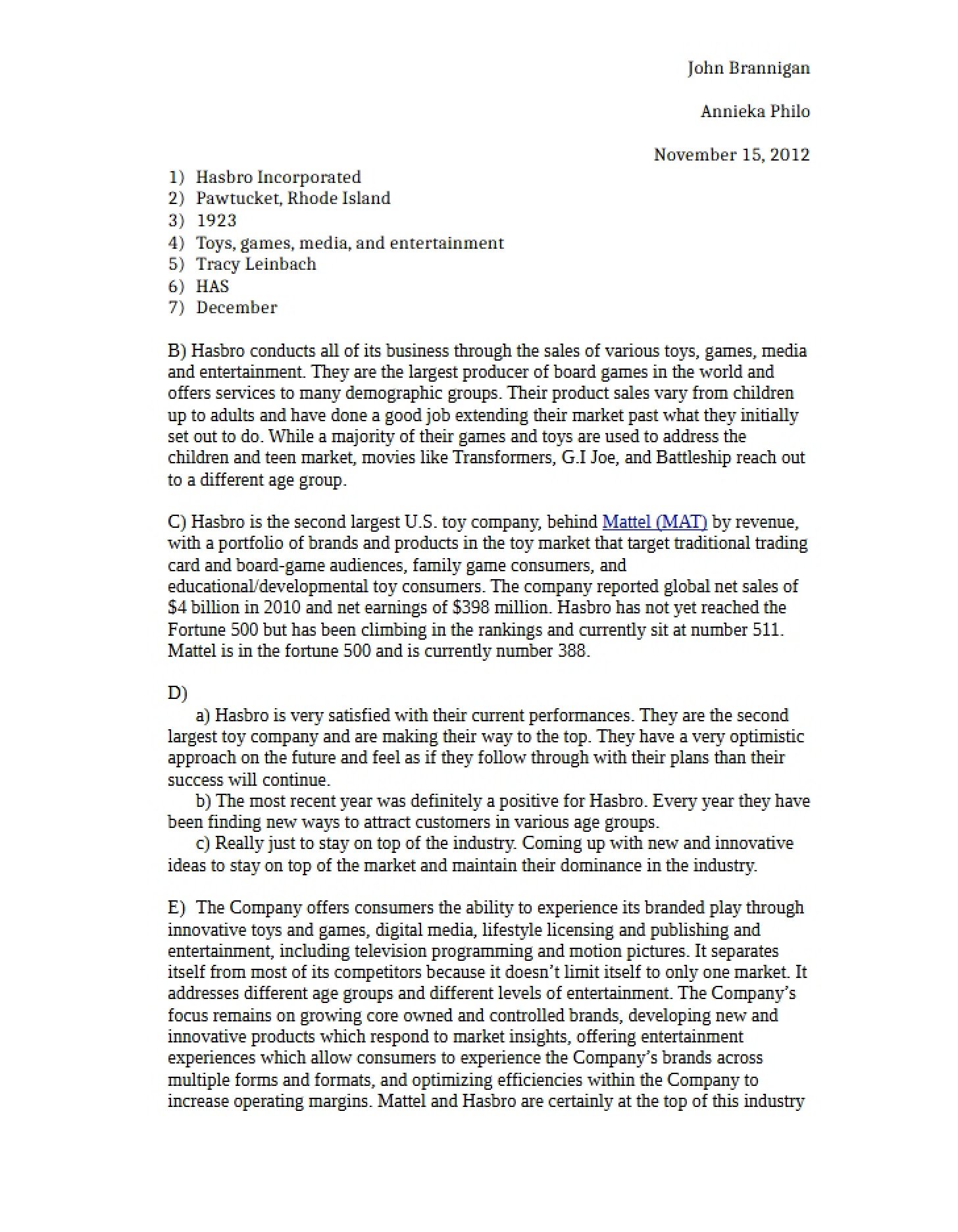 November 14, 2012 Annual Report Part One