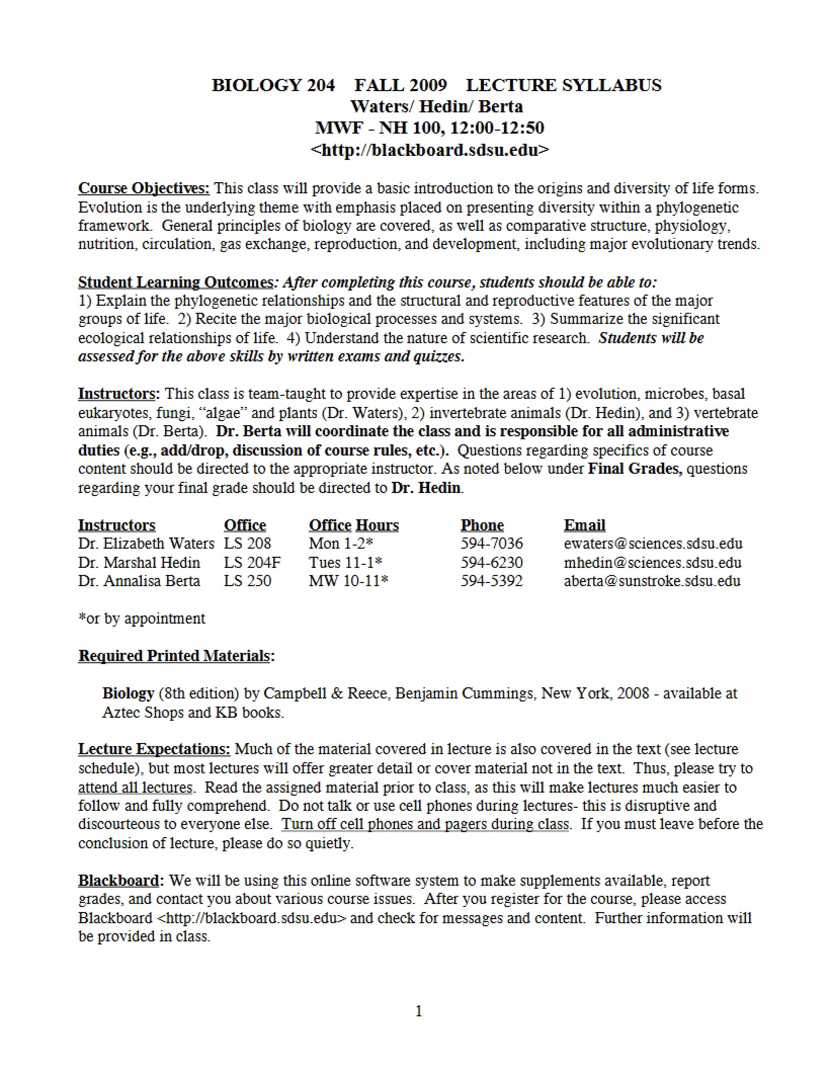 Syllabus Principles of Organismal Biology