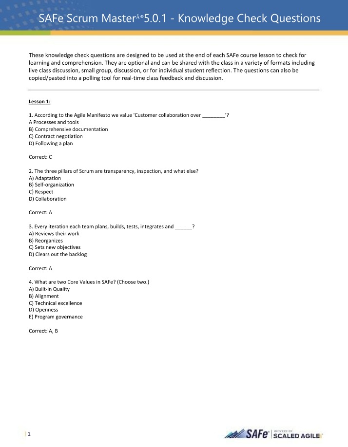 Knowledge Check Questions for SAFe Scrum Master 5.0.1
