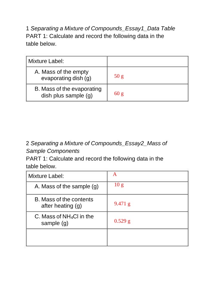 Data and Lab Report for Separating a Mixture of Compounds