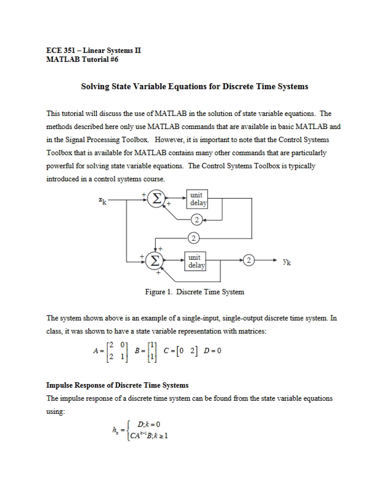 Discrete Time Systems Solving State Variable Equations