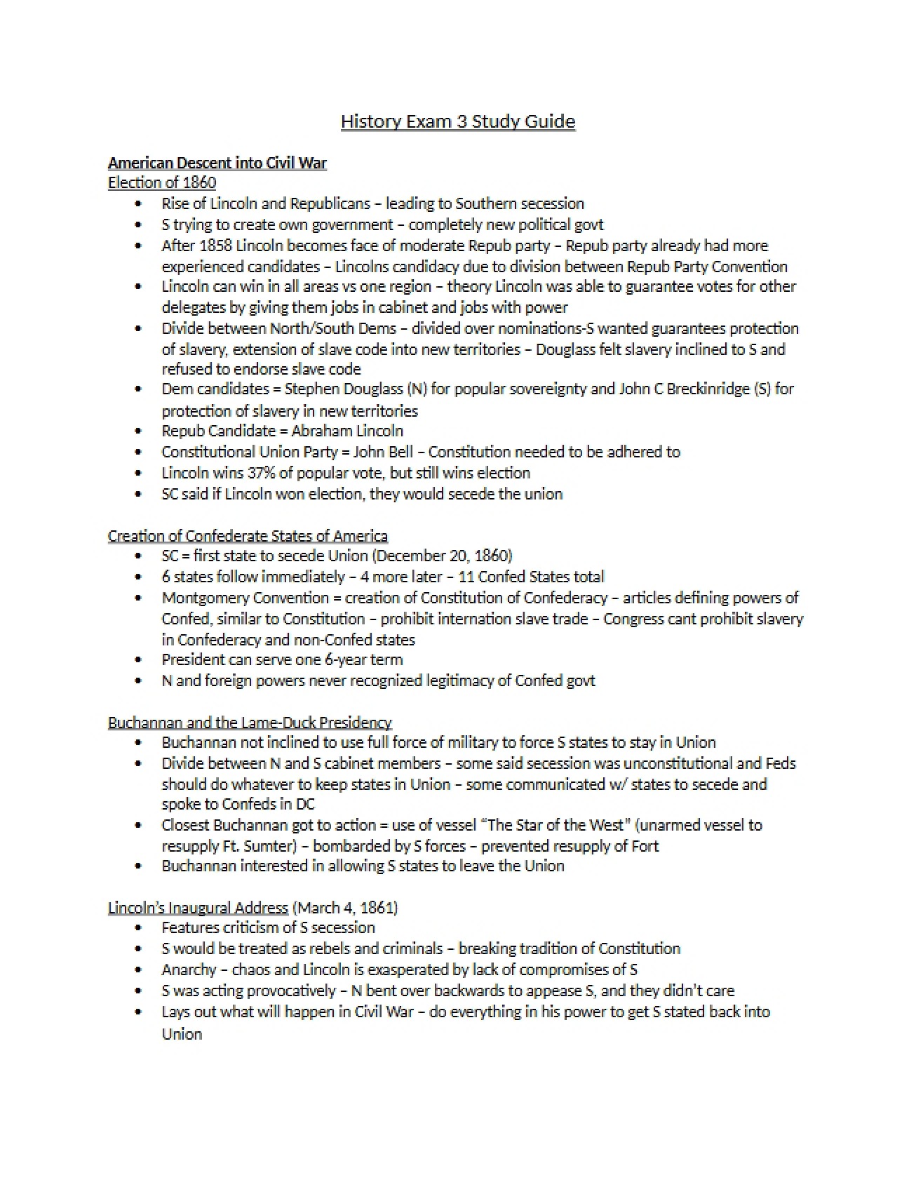 Study Guide for History Exam Three