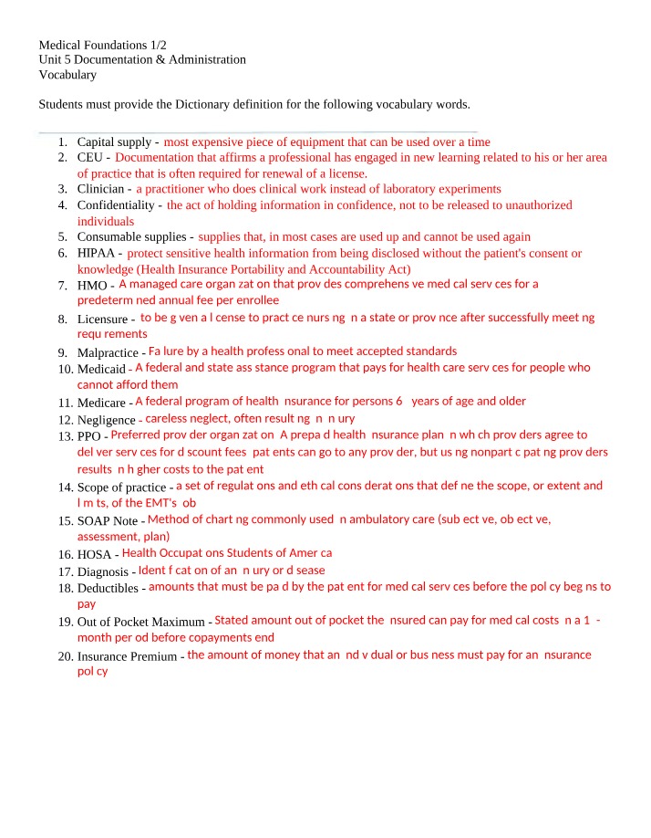 Vocabulary for Unit 5