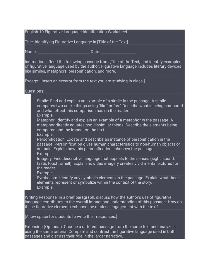 Worksheet for Figurative Language Identification