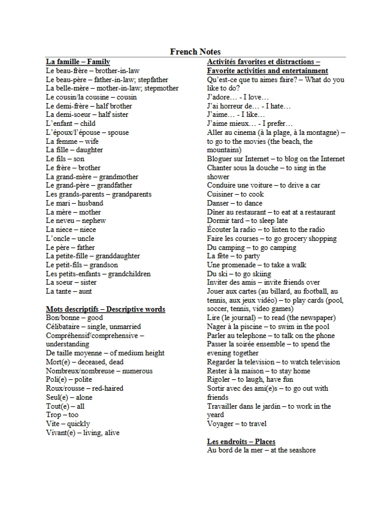 Beginner's French Course Notes