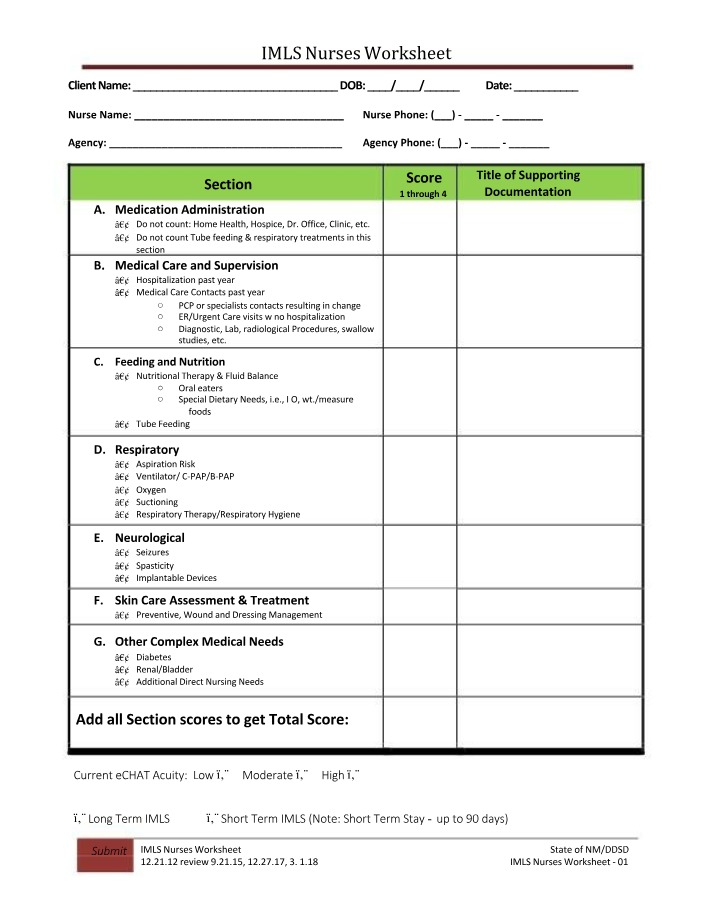 Worksheet for IMLS Nurses