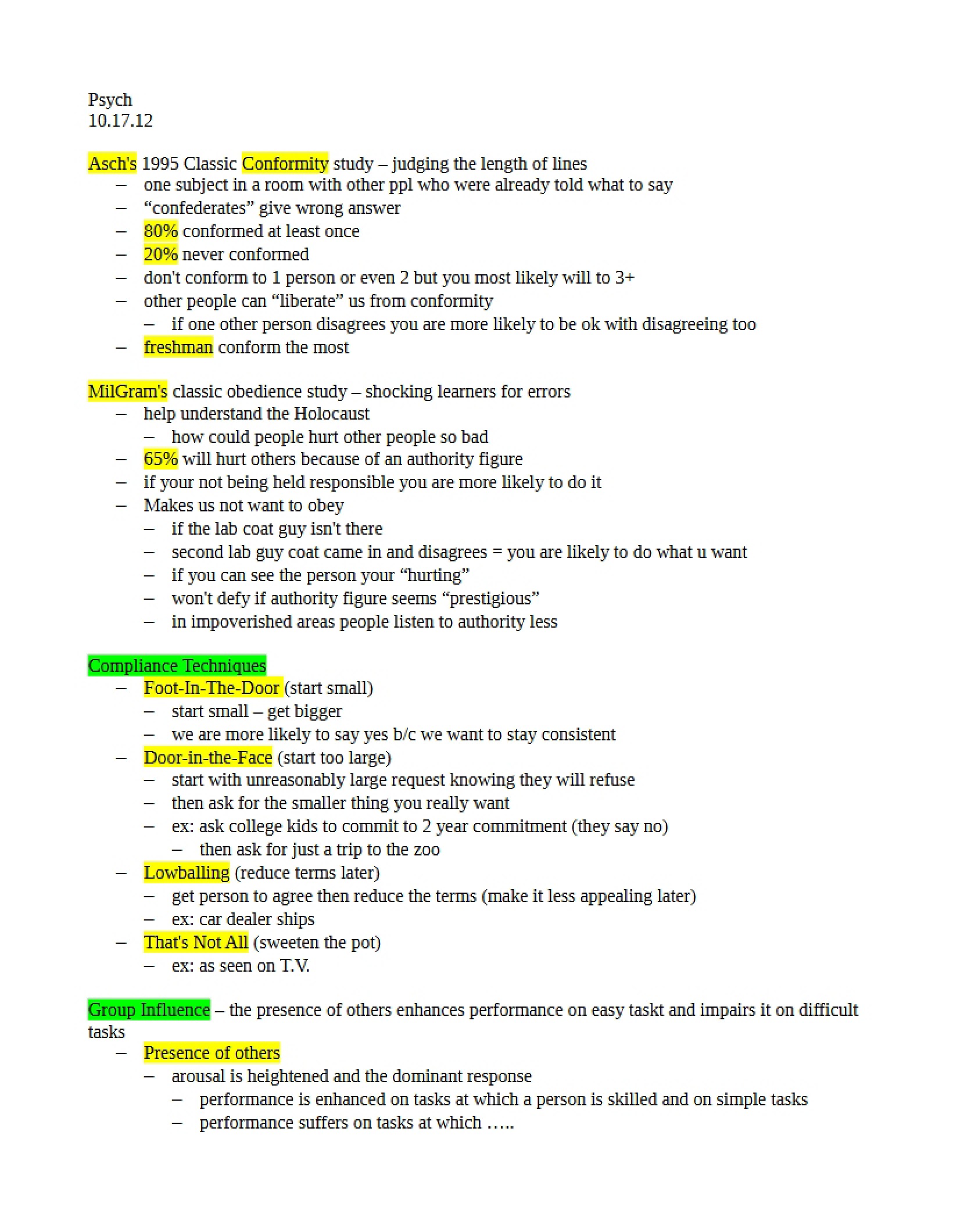 Psychology Lecture Oct 17, 2012