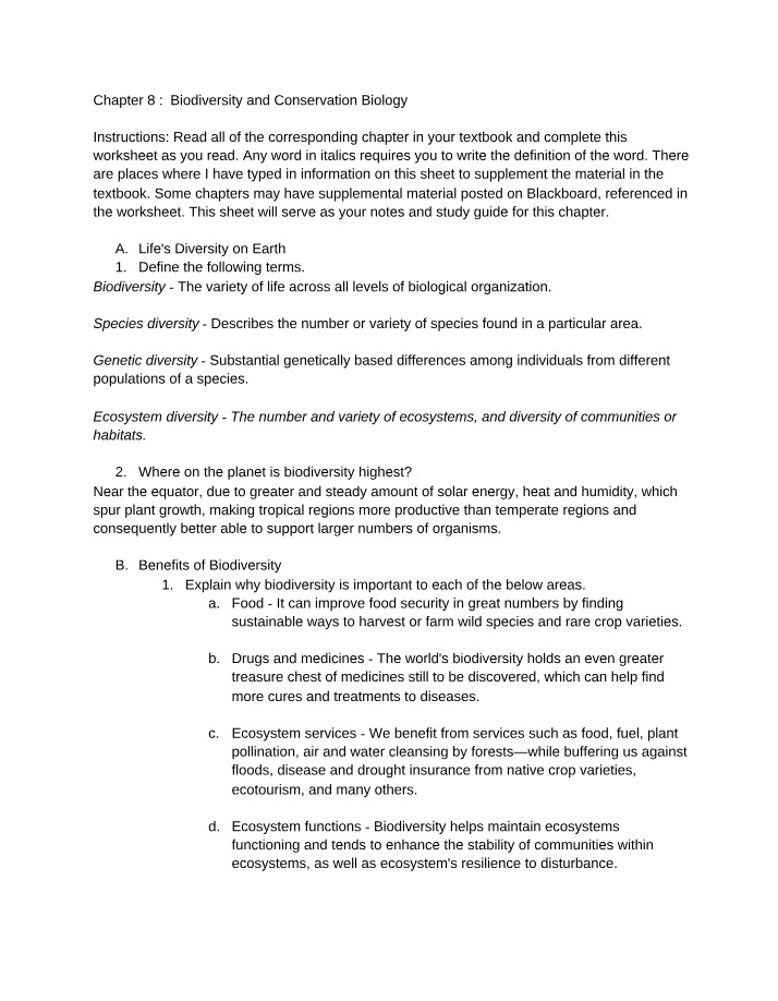 Notes on Biodiversity and Conservation Biology