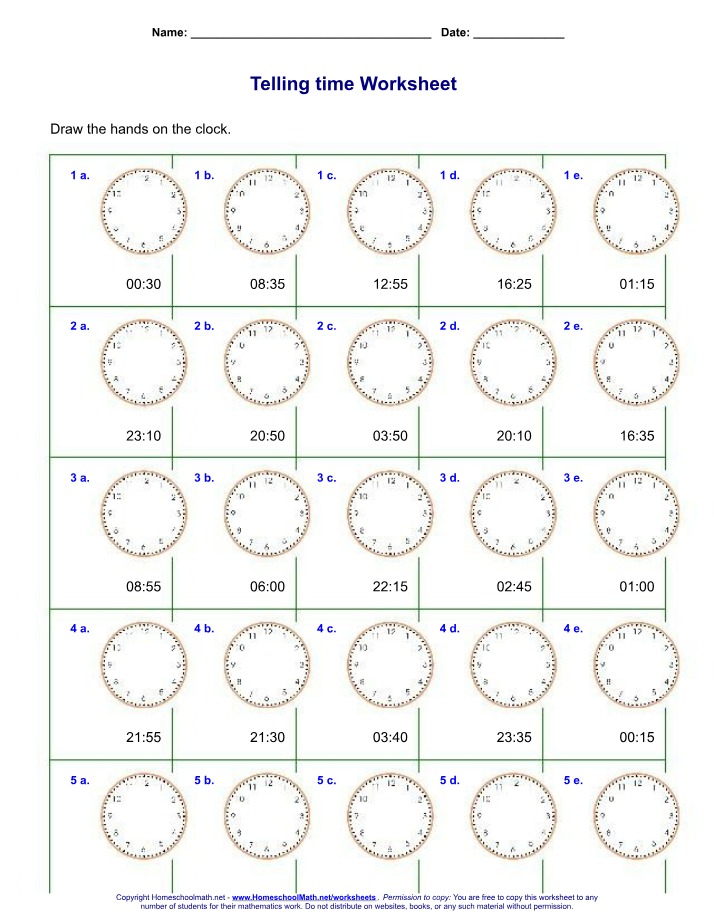 Worksheet on Telling Time