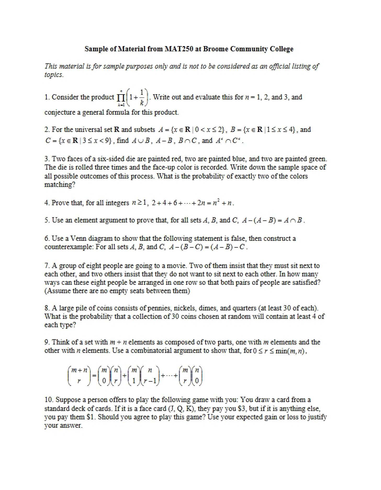 MAT 250 Question Samples