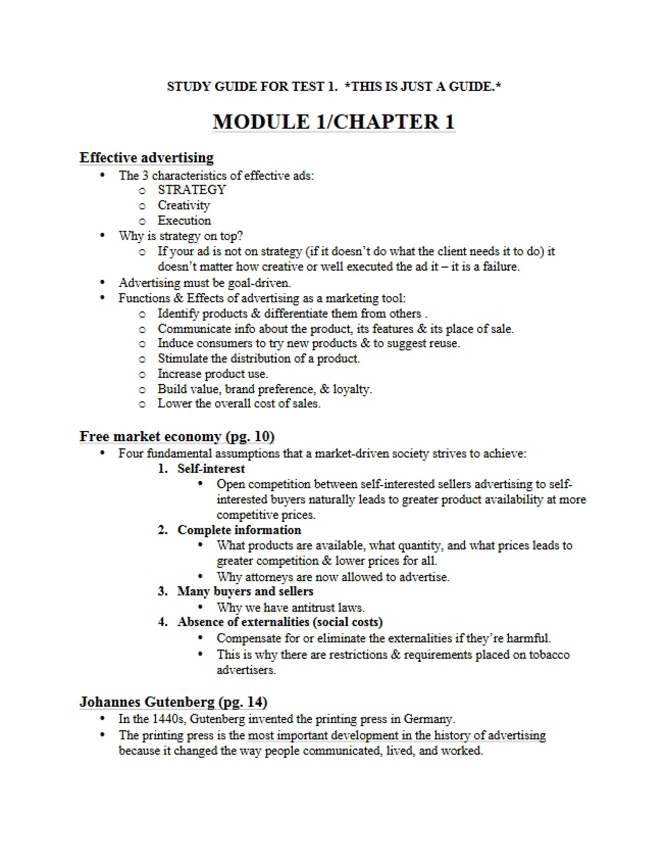 Study Guide for Test One