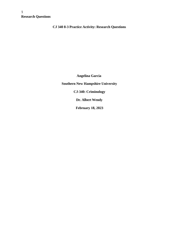 Research Questions - CJ 340 8-3 Practice Activity