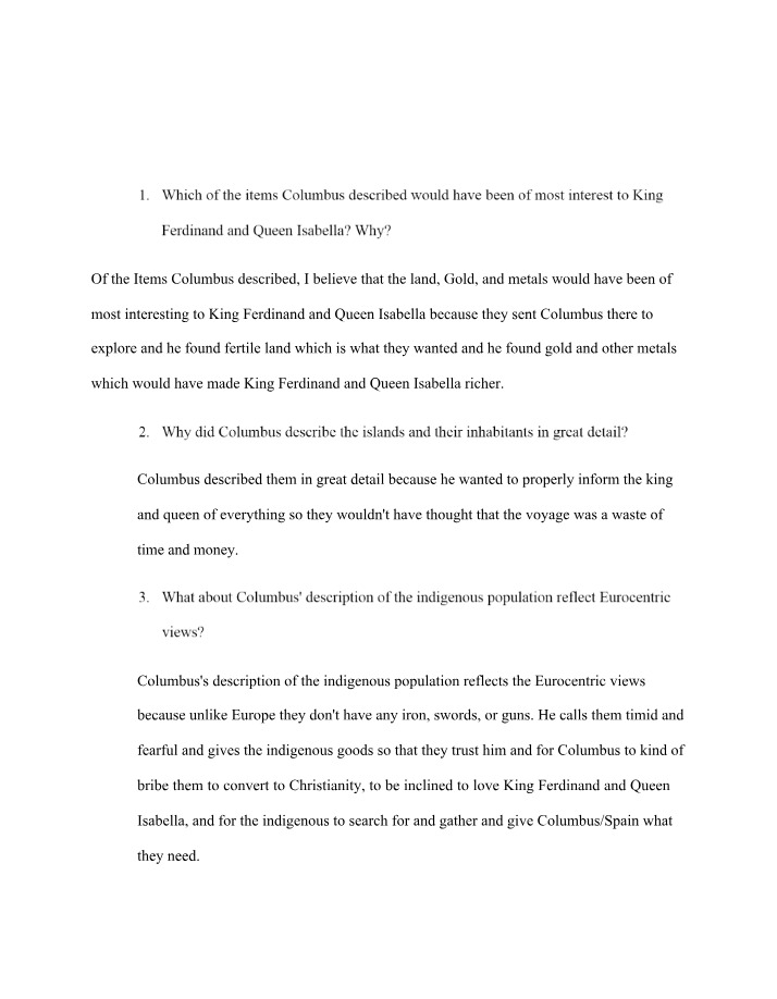 Essay Questions and Answers - Columbus, Land, and Gold