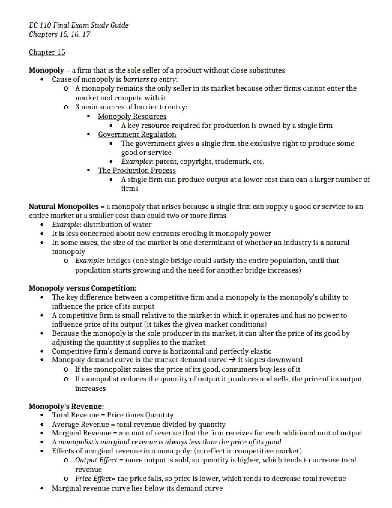 Study Guide Microeconomics Final